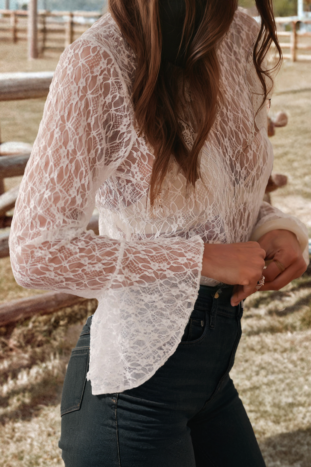Fashion-W Sheer Lace Bell Sleeve Mock Neck Blouse