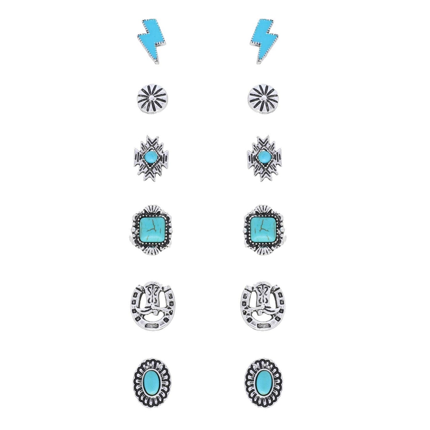 6 Pair Semi Stone Assorted Western Theme Stud Earring Set