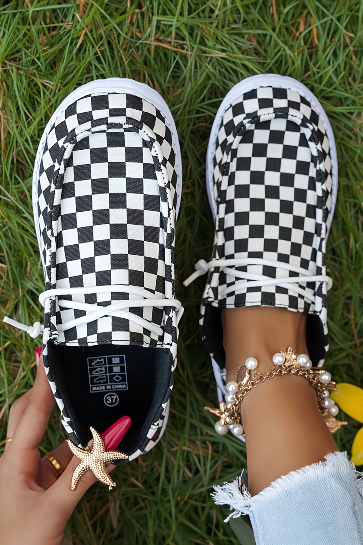 Checkered Leopard Print Lace-up Detail Flat Shoes