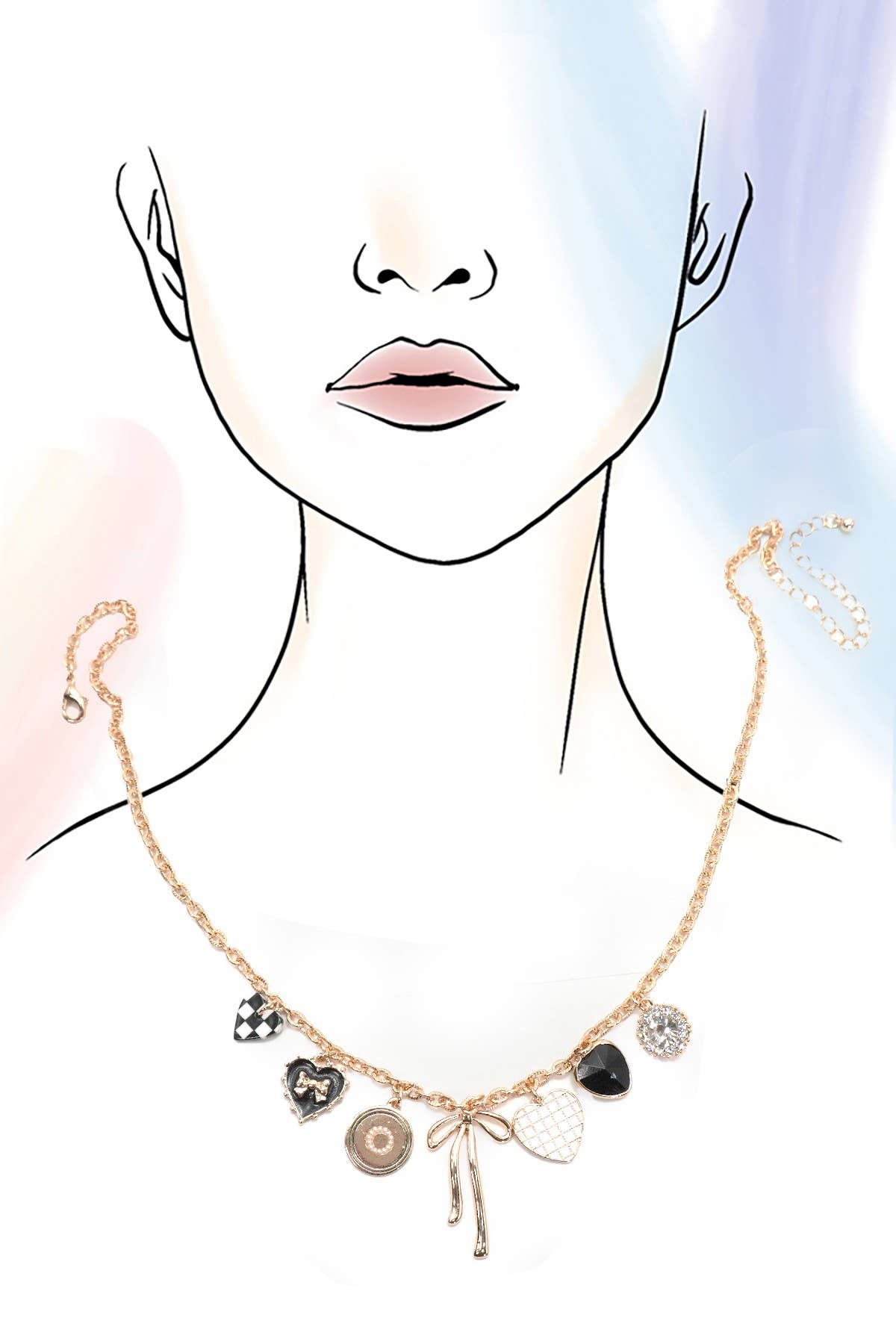 CHARM NECKLACE-BOW CHECKER HEART RHINESTONE |