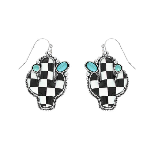Western Turquoise Graphic Print Cactus Earrings