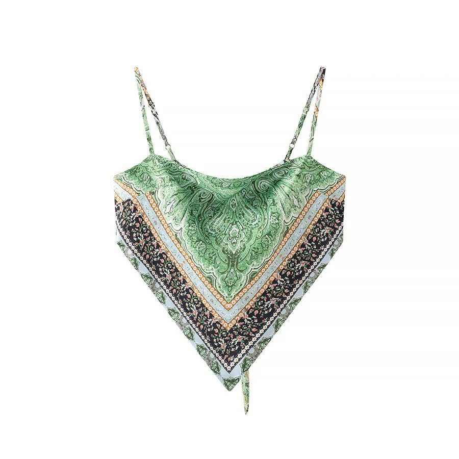 Silk Vintage Print Backless Lace-Up Cropped Camisole Top