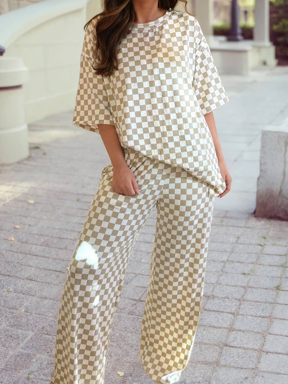 Checkered Print Half Sleeve Tee 2pcs Lounge Pant Set