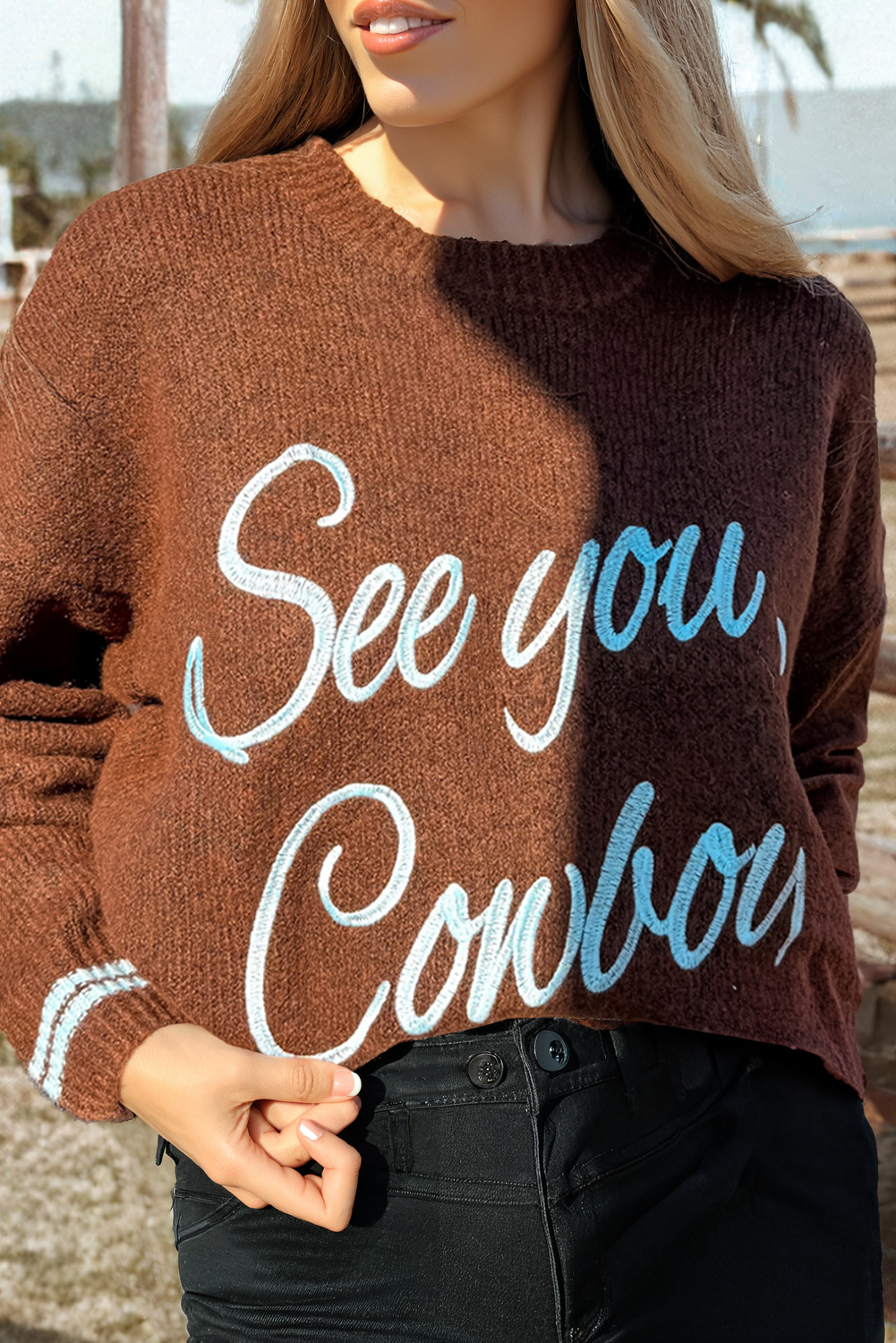See You Cowboy Embroidered Western Graphic Sweater | GRAY