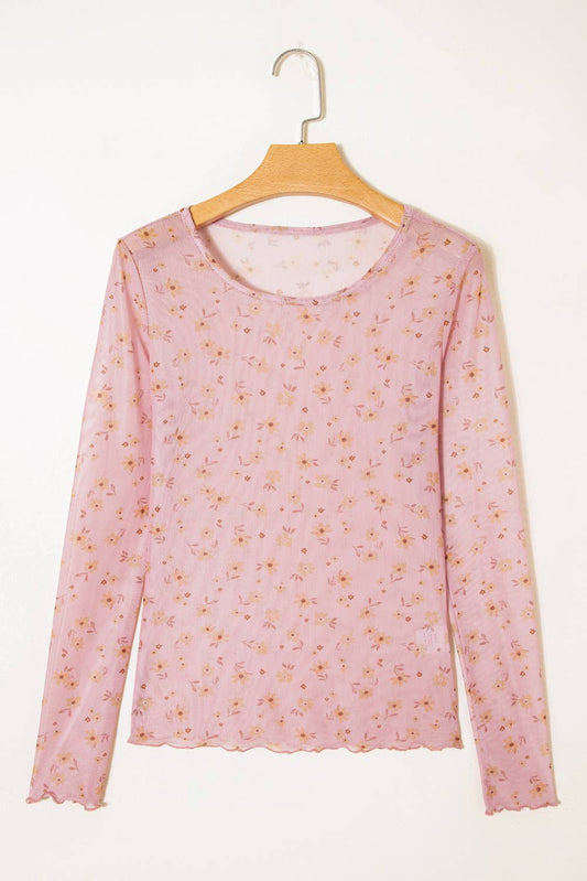 Vintage Floral Print Southern Style Mesh Long Sleeve Top