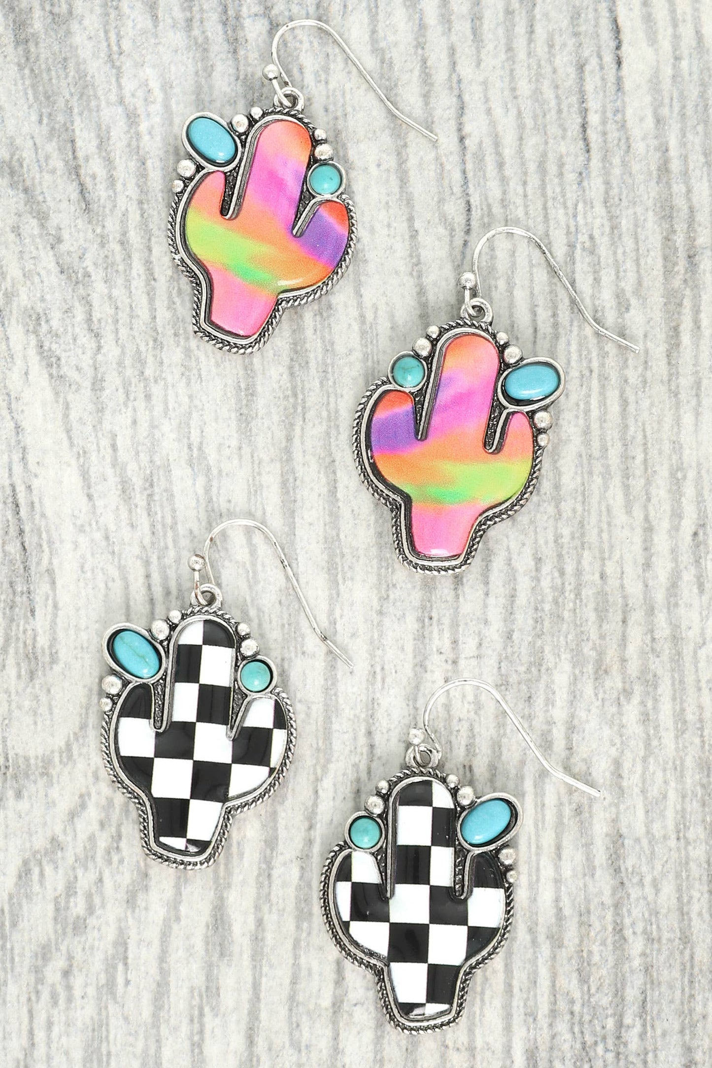 Western Turquoise Graphic Print Cactus Earrings