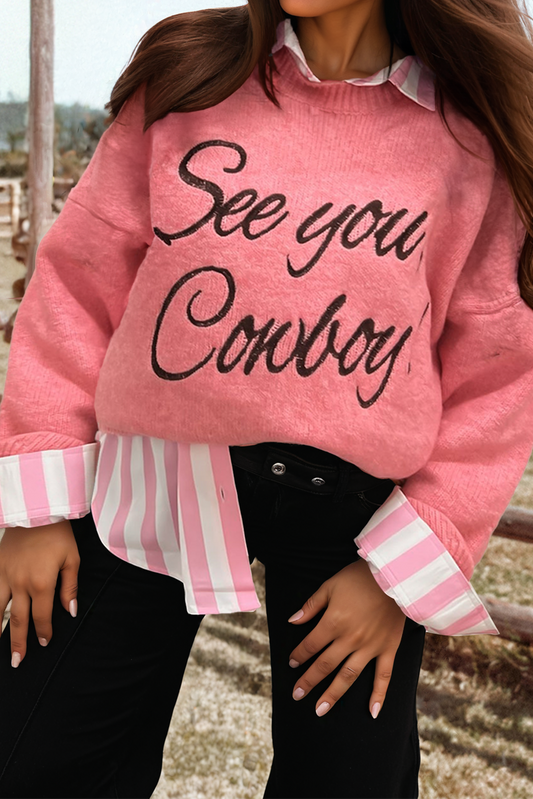See You Cowboy Embroidered Western Graphic Sweater | GRAY