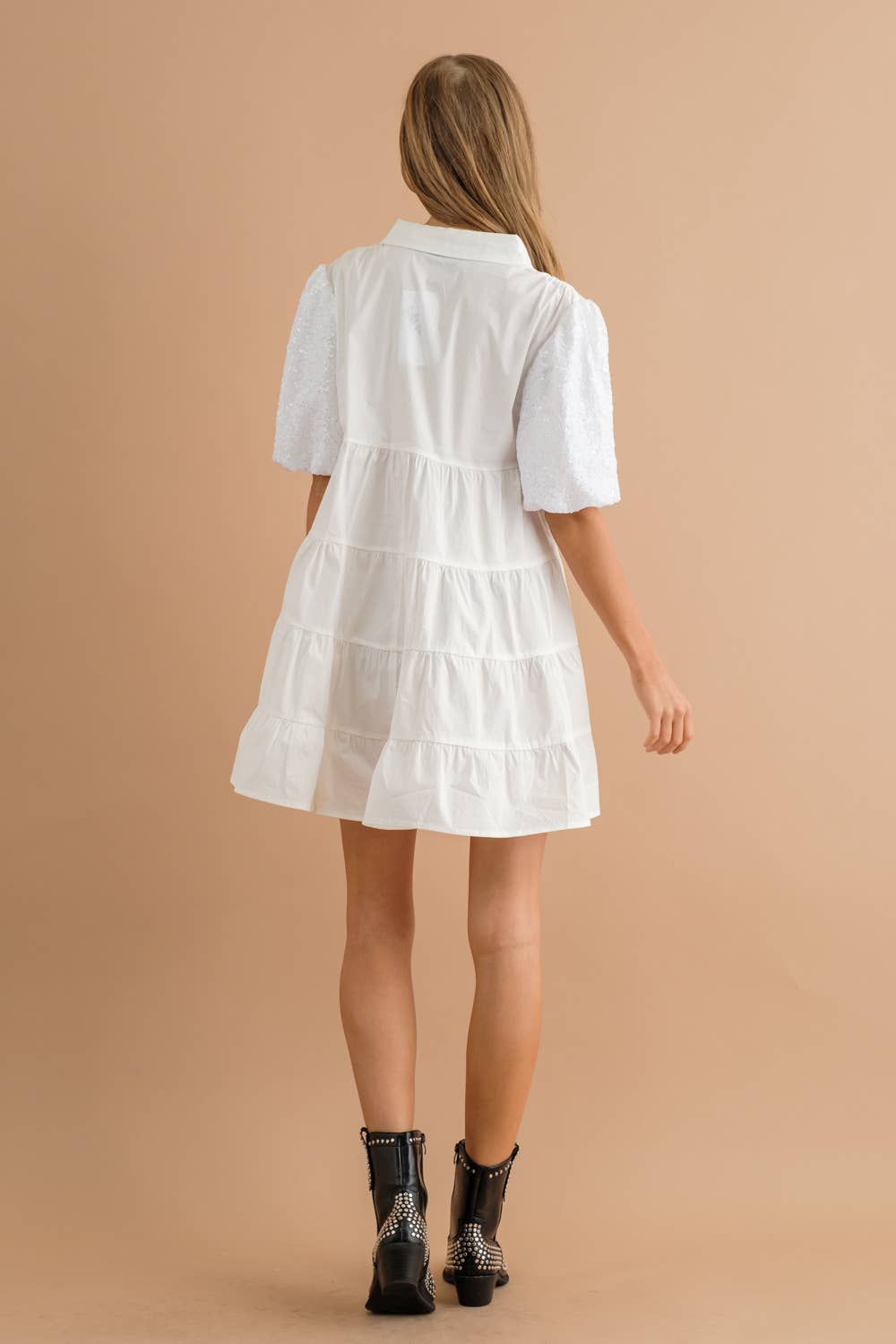 Sequin Puff SLV Tiered Poplin Button Up Shirt Dress