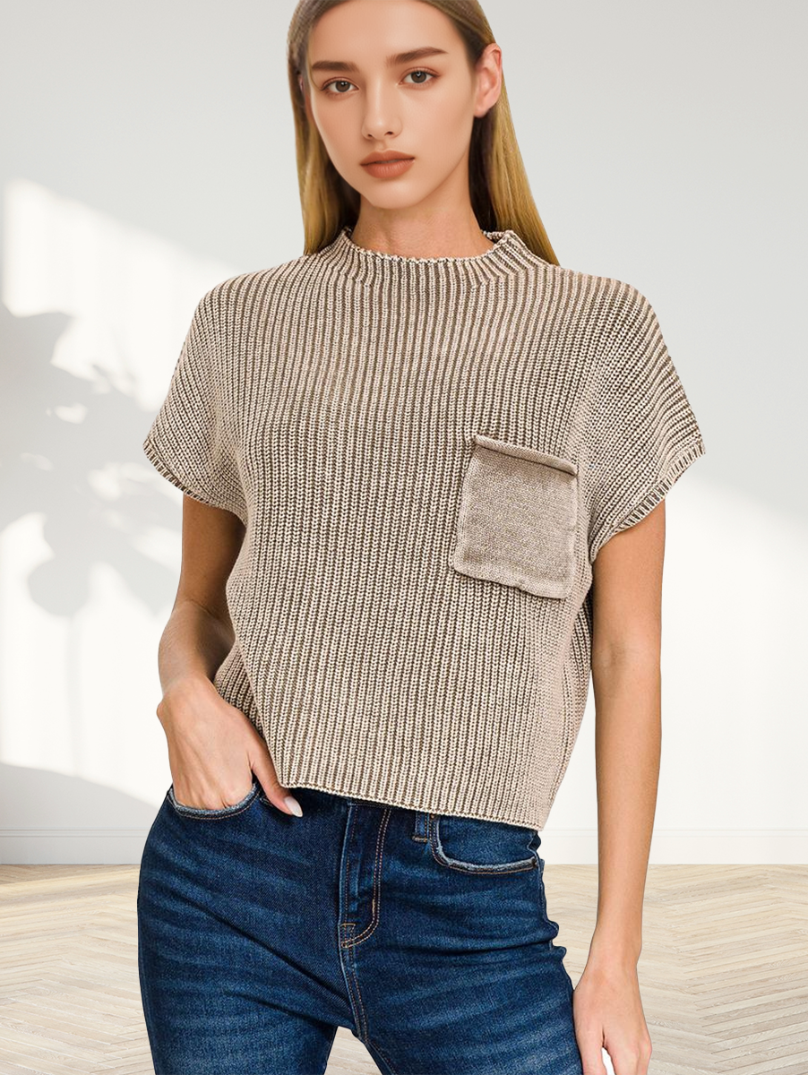 `Washed Mock Neck Short Sleeve Sweater