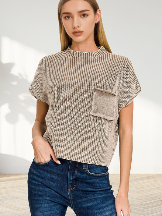`Washed Mock Neck Short Sleeve Sweater