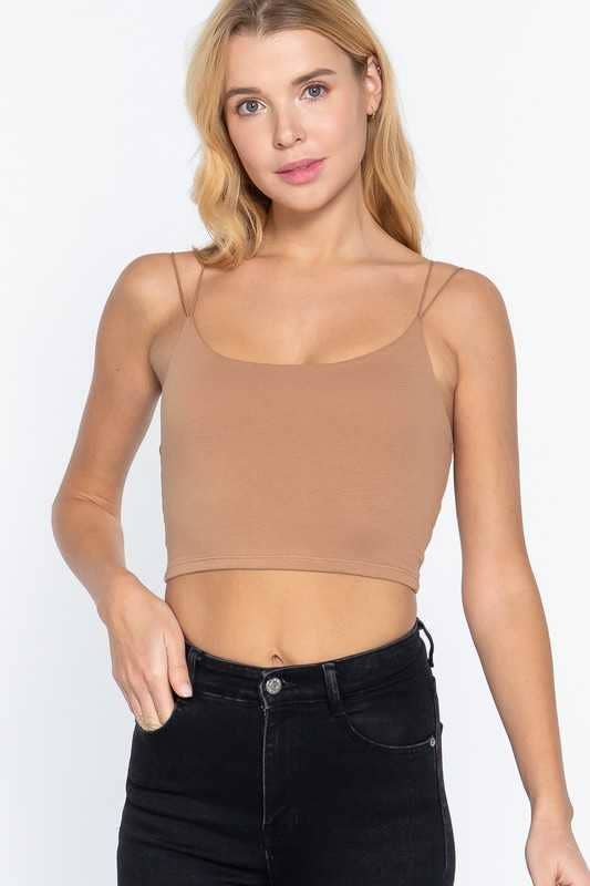 Round Neck Elastic Strap Two Ply Knit Cami Crop Top