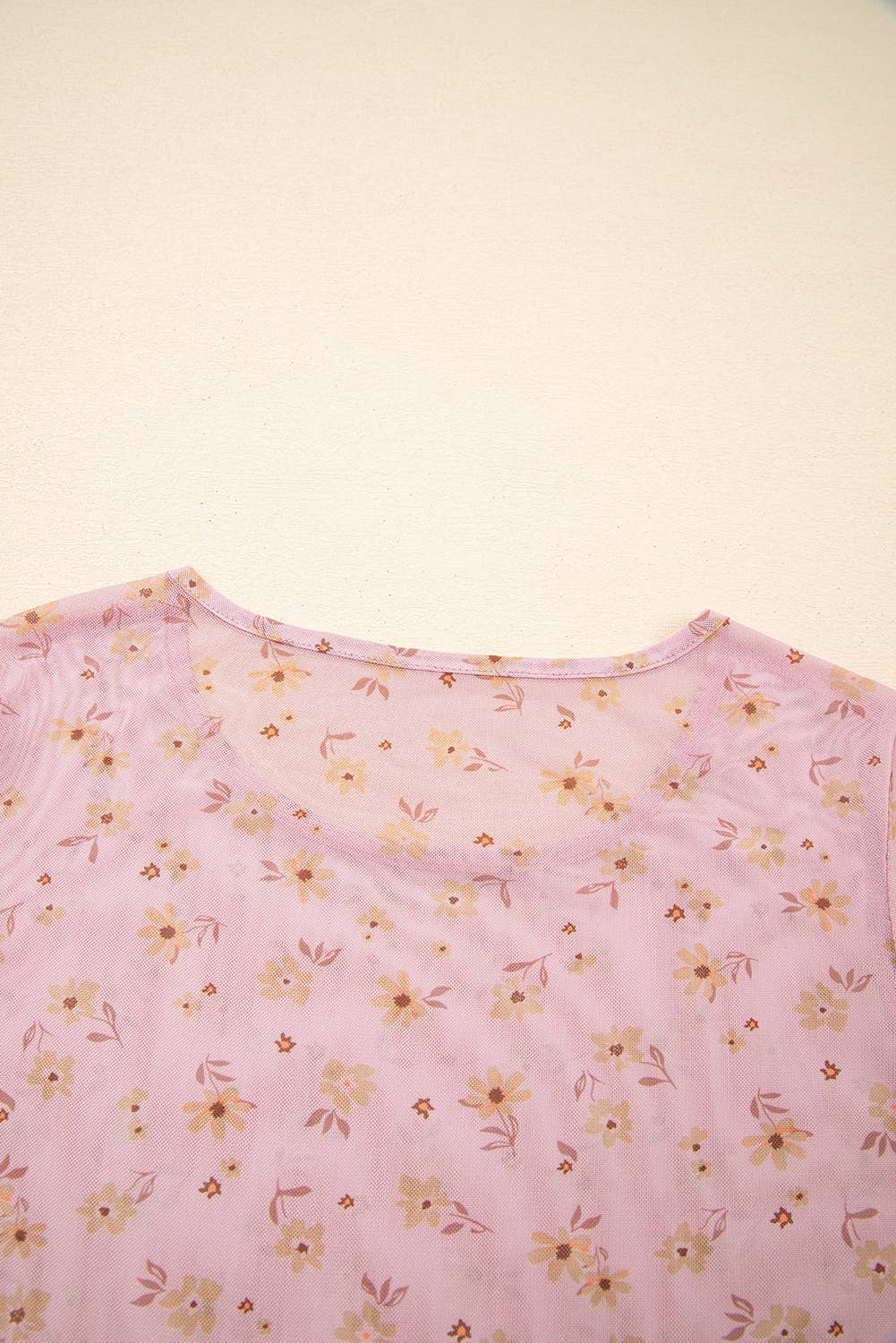 Vintage Floral Print Southern Style Mesh Long Sleeve Top