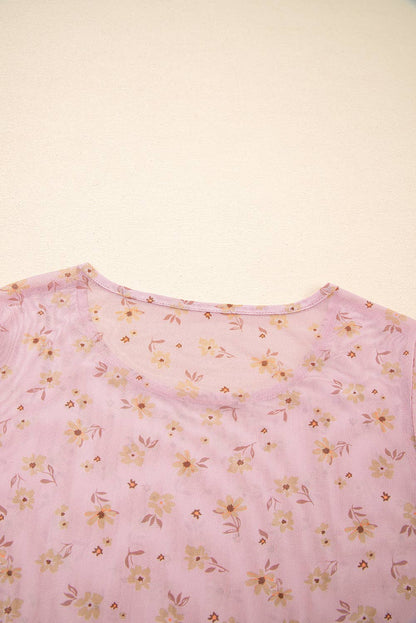 Vintage Floral Print Southern Style Mesh Long Sleeve Top