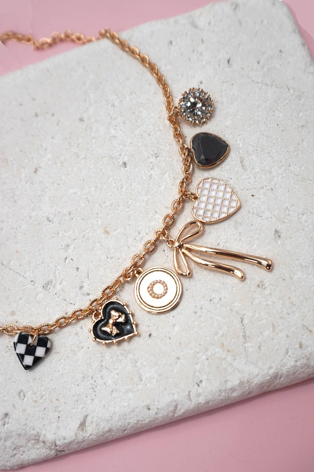 CHARM NECKLACE-BOW CHECKER HEART RHINESTONE |