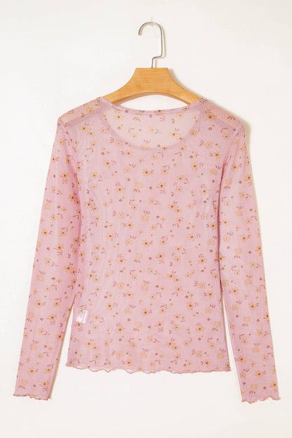 Vintage Floral Print Southern Style Mesh Long Sleeve Top