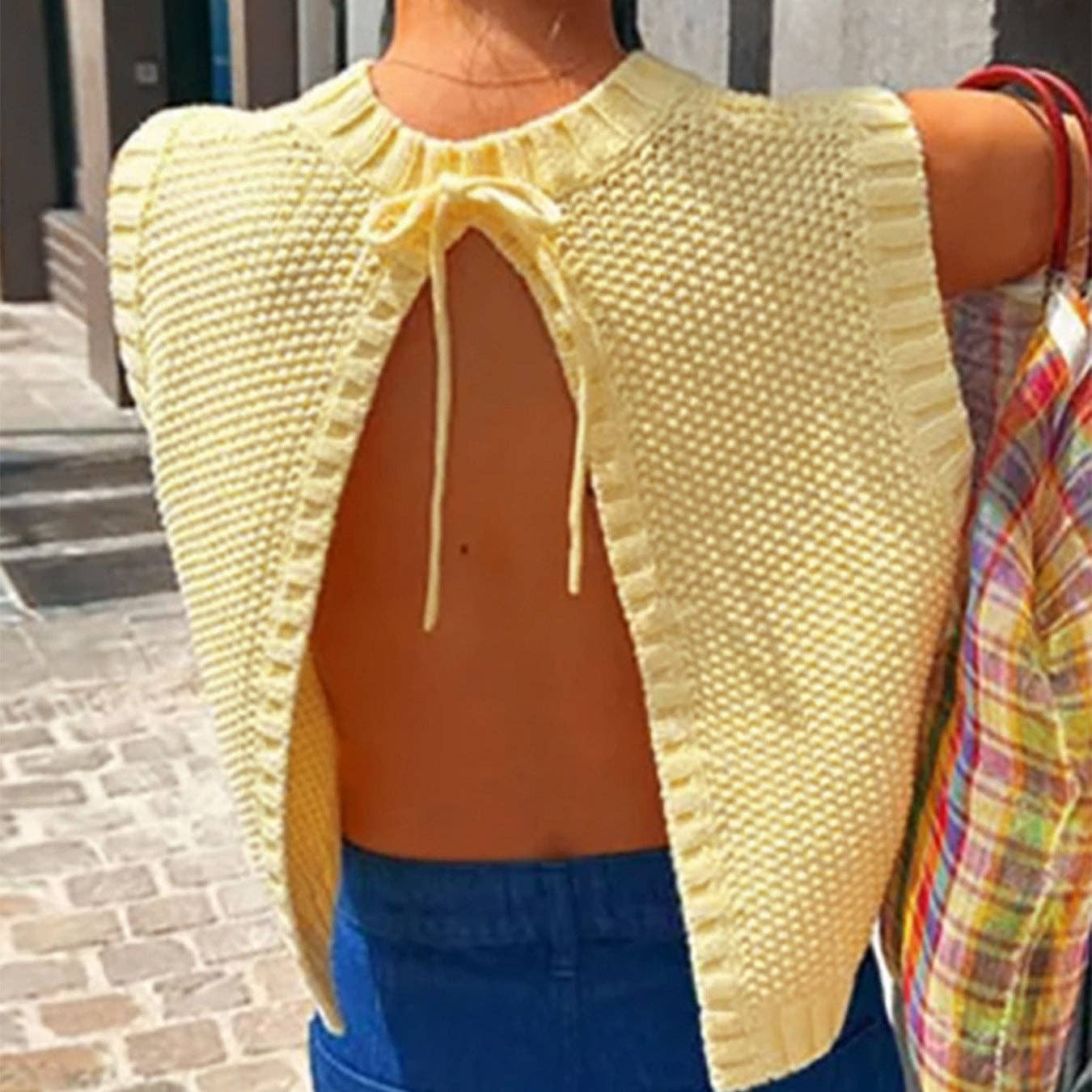 Women Crew Neck Backless Knit Pullover Sleeveless Top