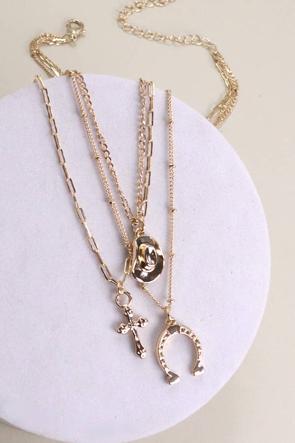 TRIO LAYER HORSESHOE HAT CROSS CAHRM NECKLACE |