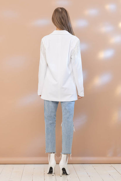 Stretch Boyfriend Rhinestone Fringe Shoulder Blazer
