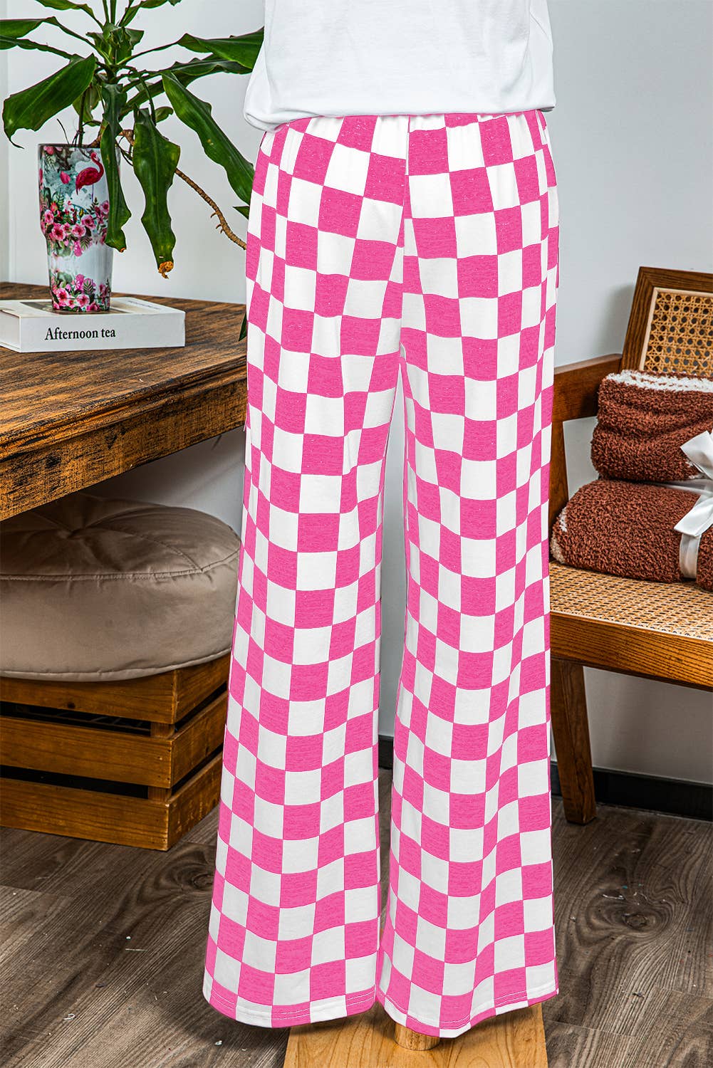 2-Tone Checked Print High Waist Wide Leg Pants | BLACK AND WHITE