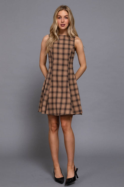 Sleeveless Boat Neck Swing Plaid Woven Mini Dress