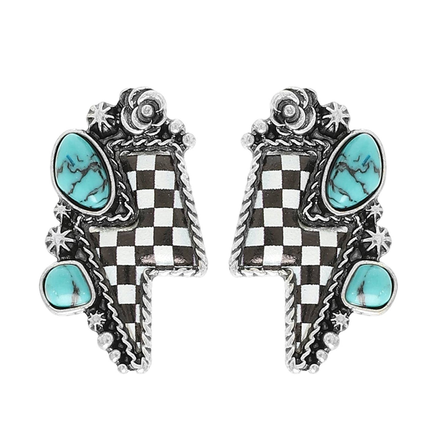 Western Turquoise Checkered Thunder Earrings