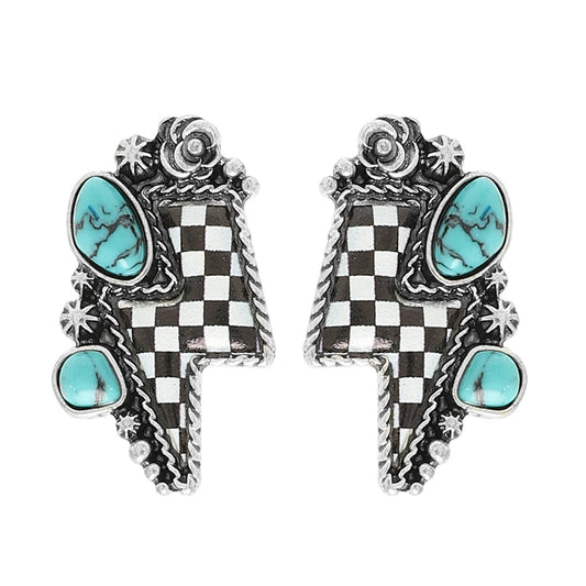 Western Turquoise Checkered Thunder Earrings