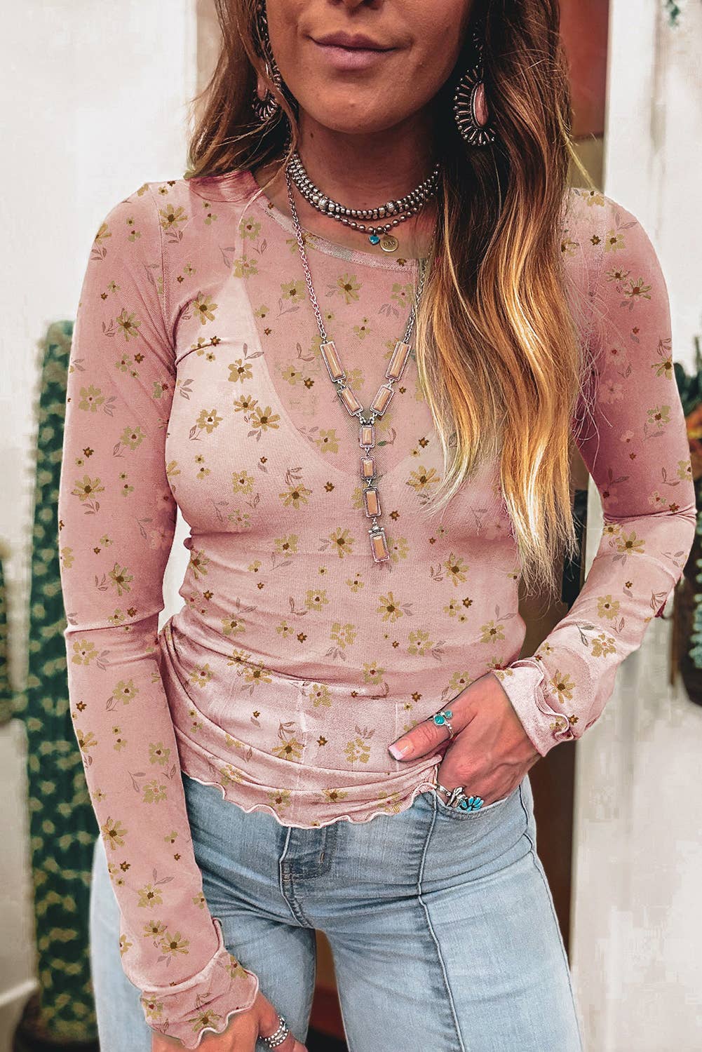 Vintage Floral Print Southern Style Mesh Long Sleeve Top