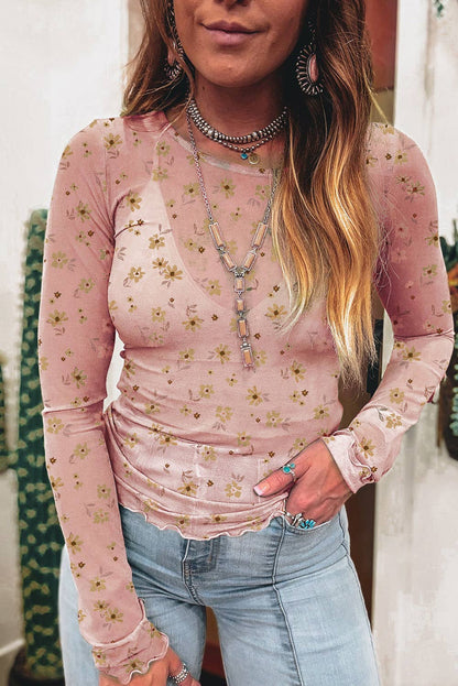 Vintage Floral Print Southern Style Mesh Long Sleeve Top