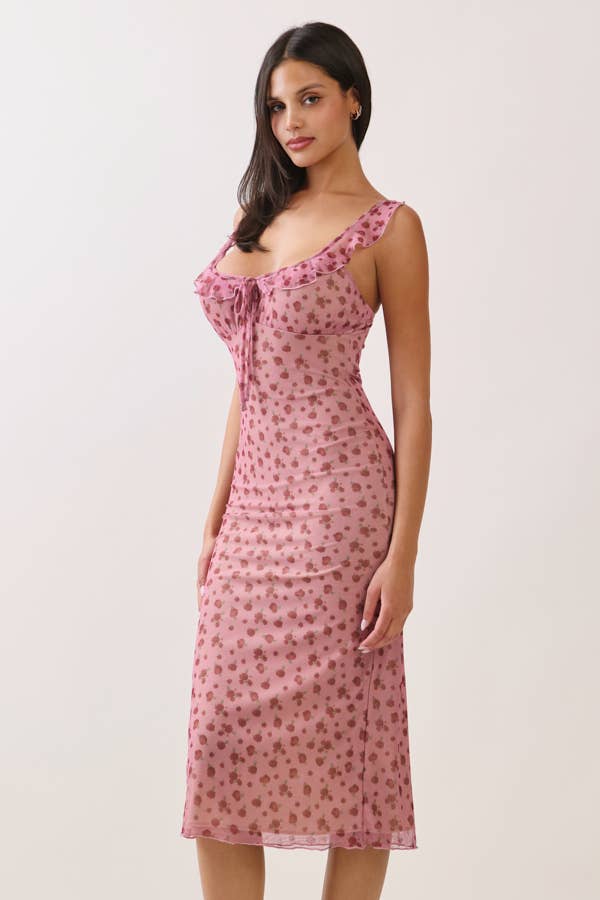 TIE FRONT MESH MIDI DRESS WITH RUFFLES