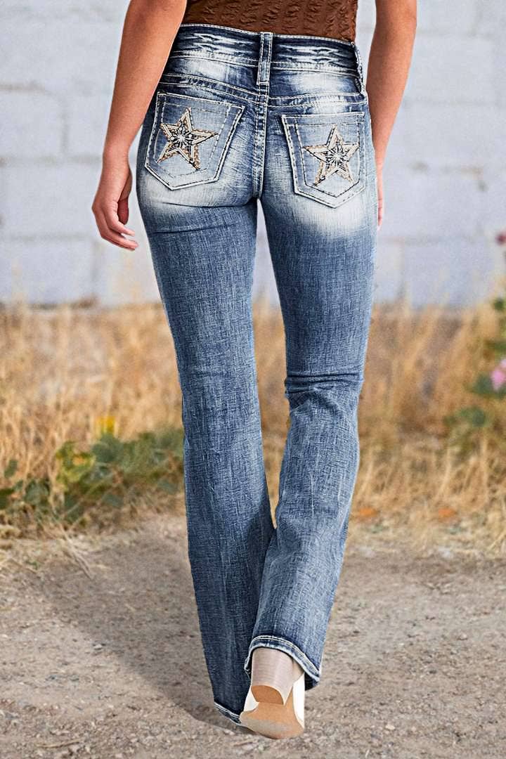 Star-Embroidered Straight-Leg Slim Stretch Jeans