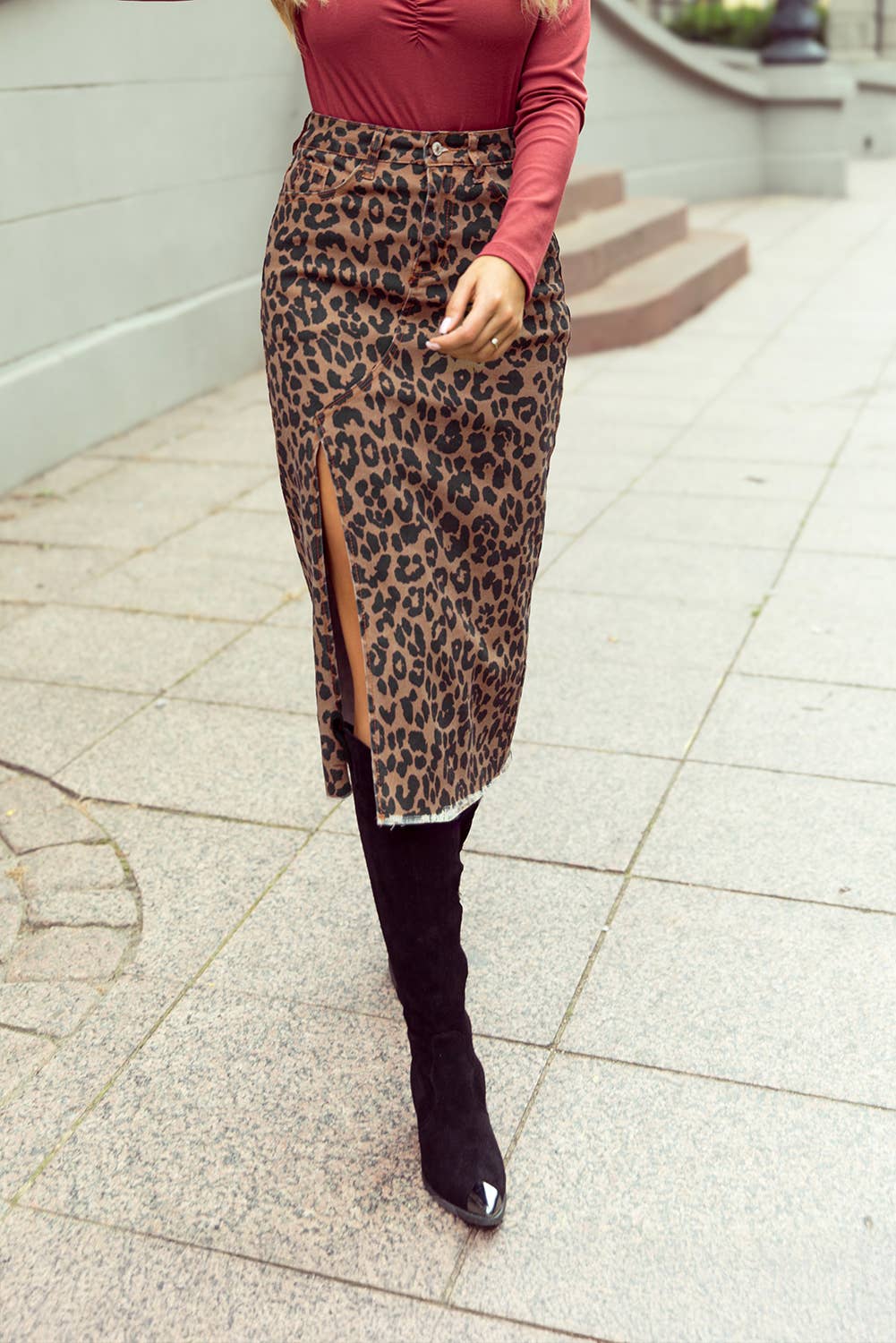 Leopard Denim Frayed Split Denim Midi Skirt