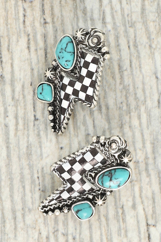 Western Turquoise Checkered Thunder Earrings