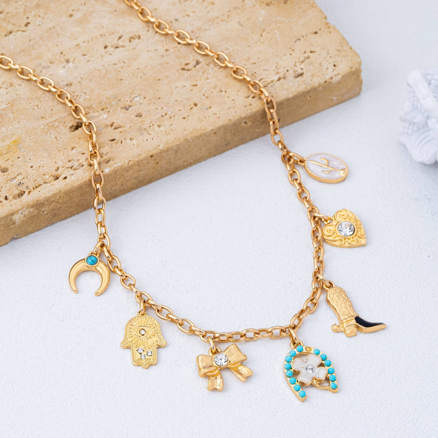 Western Turquoise Horseshoe Bow Boot Charm Necklace