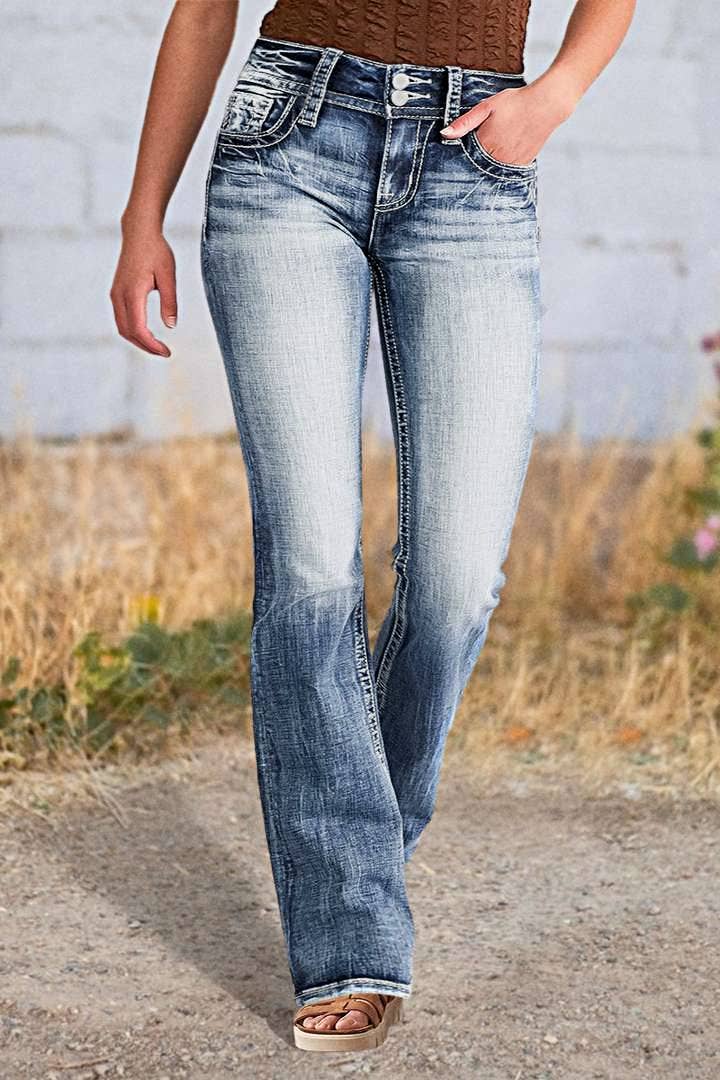 Star-Embroidered Straight-Leg Slim Stretch Jeans