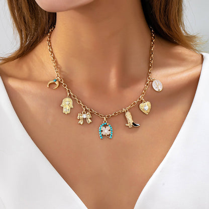 Western Turquoise Horseshoe Bow Boot Charm Necklace