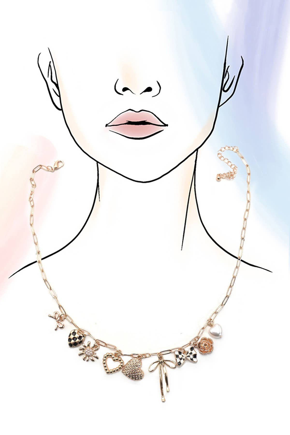 CHARM NECKLACE-BOW CHECKER HEART FLORAL |