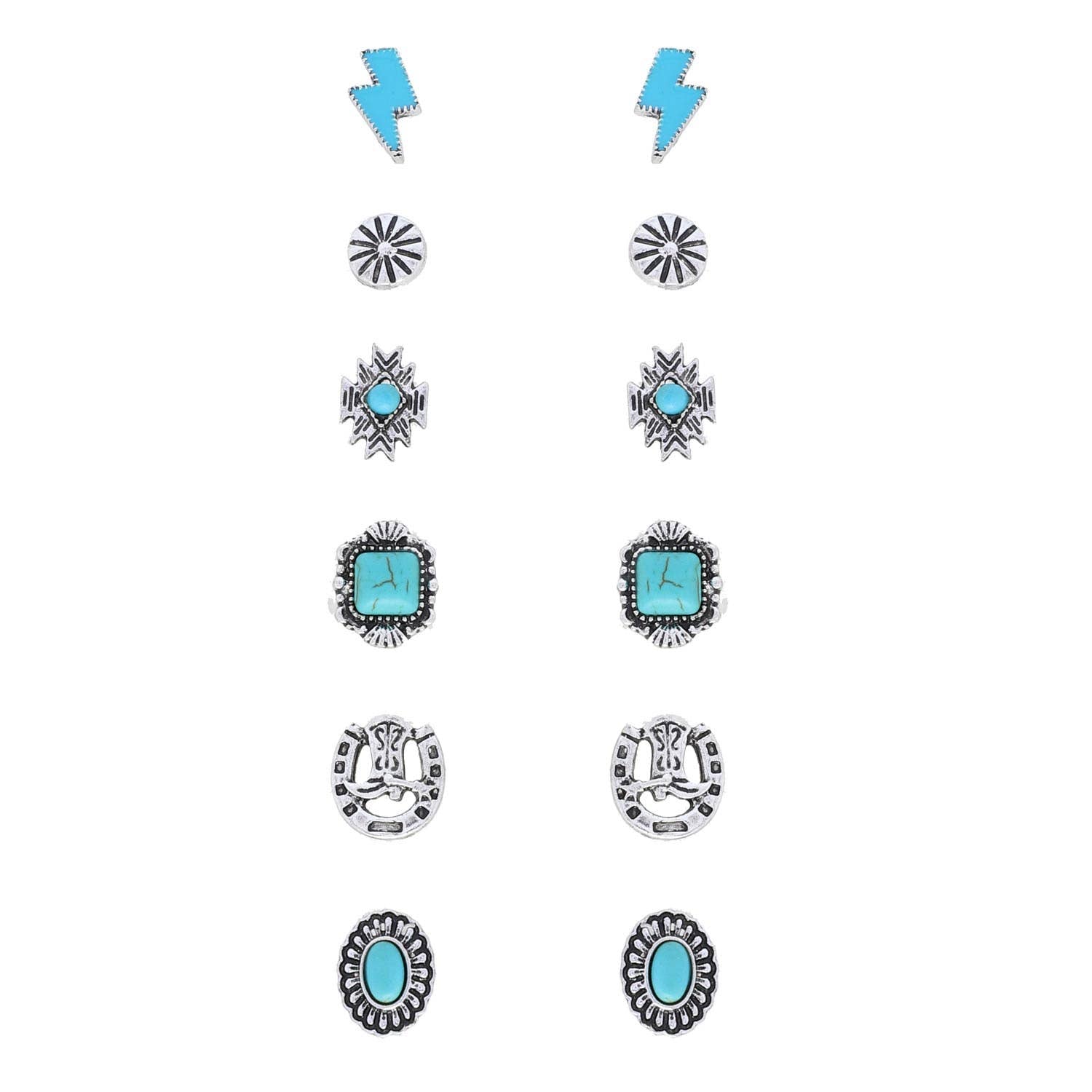 6 Pair Semi Stone Assorted Western Theme Stud Earring Set