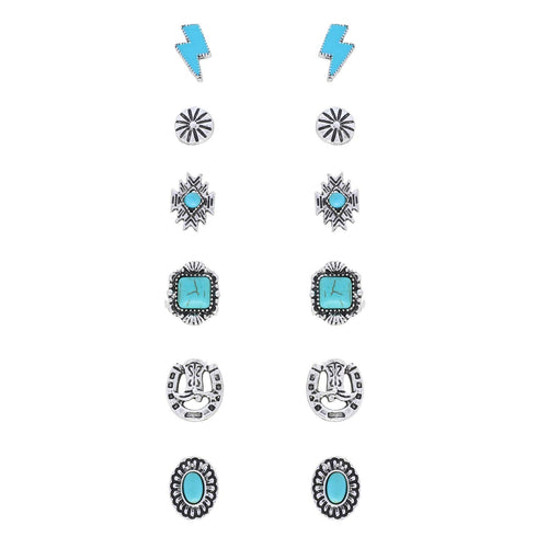 6 Pair Semi Stone Assorted Western Theme Stud Earring Set