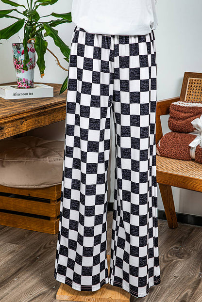 2-Tone Checked Print High Waist Wide Leg Pants | BLACK AND WHITE