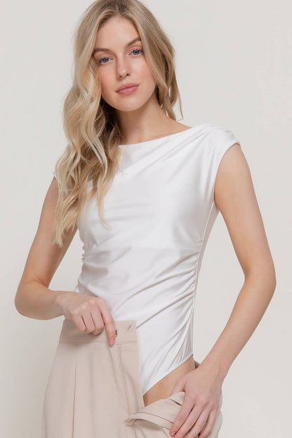 Short Sleeve Boat Neck Side Ruched Knit Bodysuit