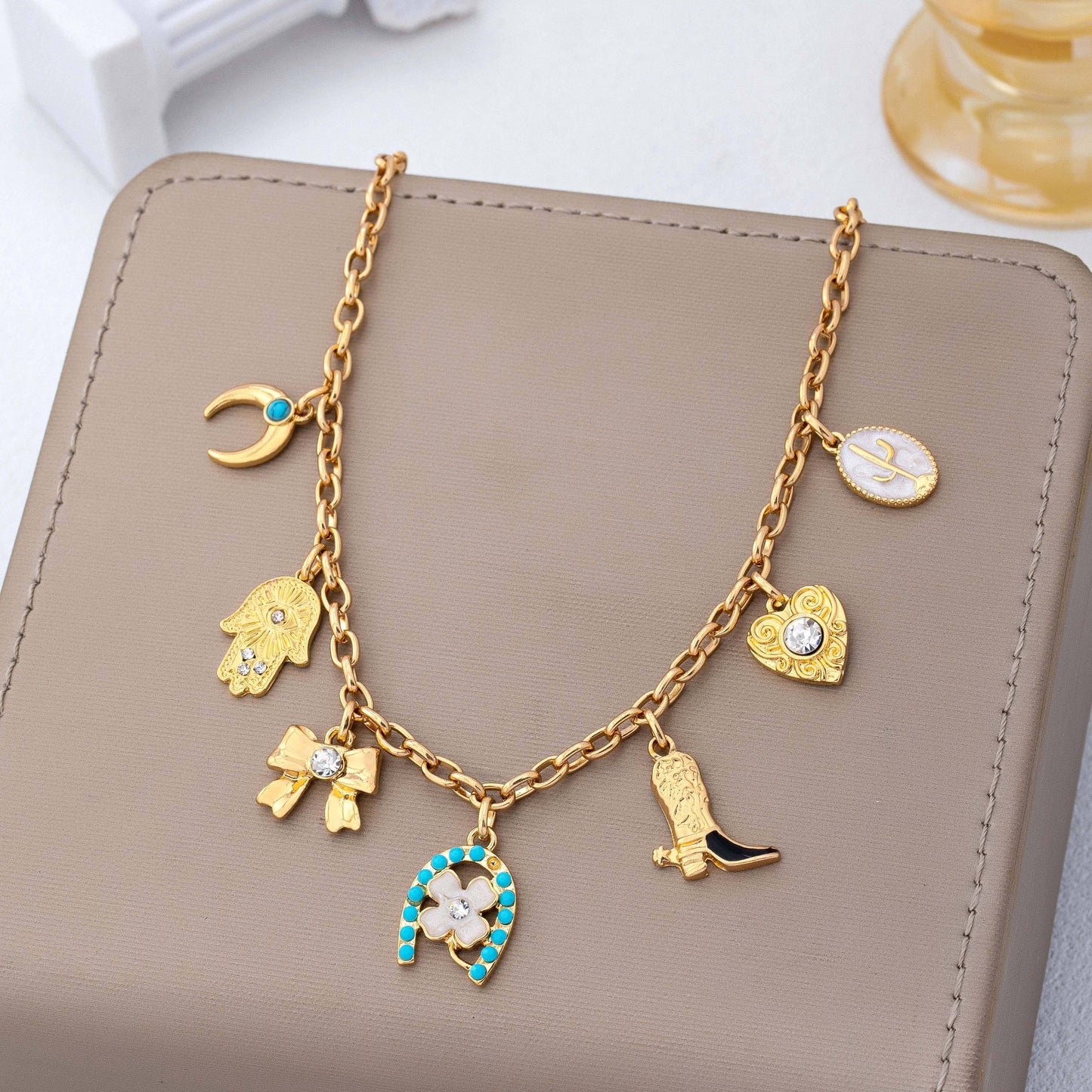 Western Turquoise Horseshoe Bow Boot Charm Necklace