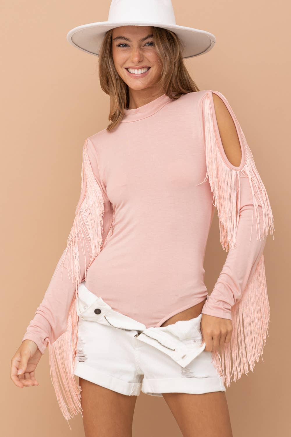 Mock Neck Shoulder Fringe Bodysuit