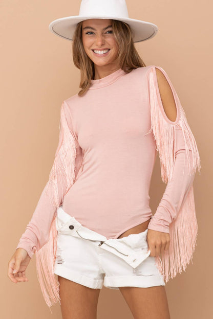 Mock Neck Shoulder Fringe Bodysuit