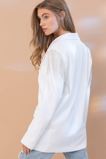 Stretch Boyfriend Rhinestone Fringe Shoulder Blazer