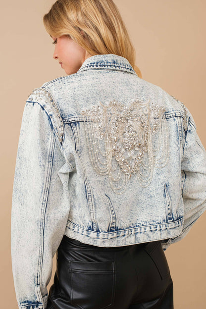 Acid Washed Shoulder Beading Denim Jacket