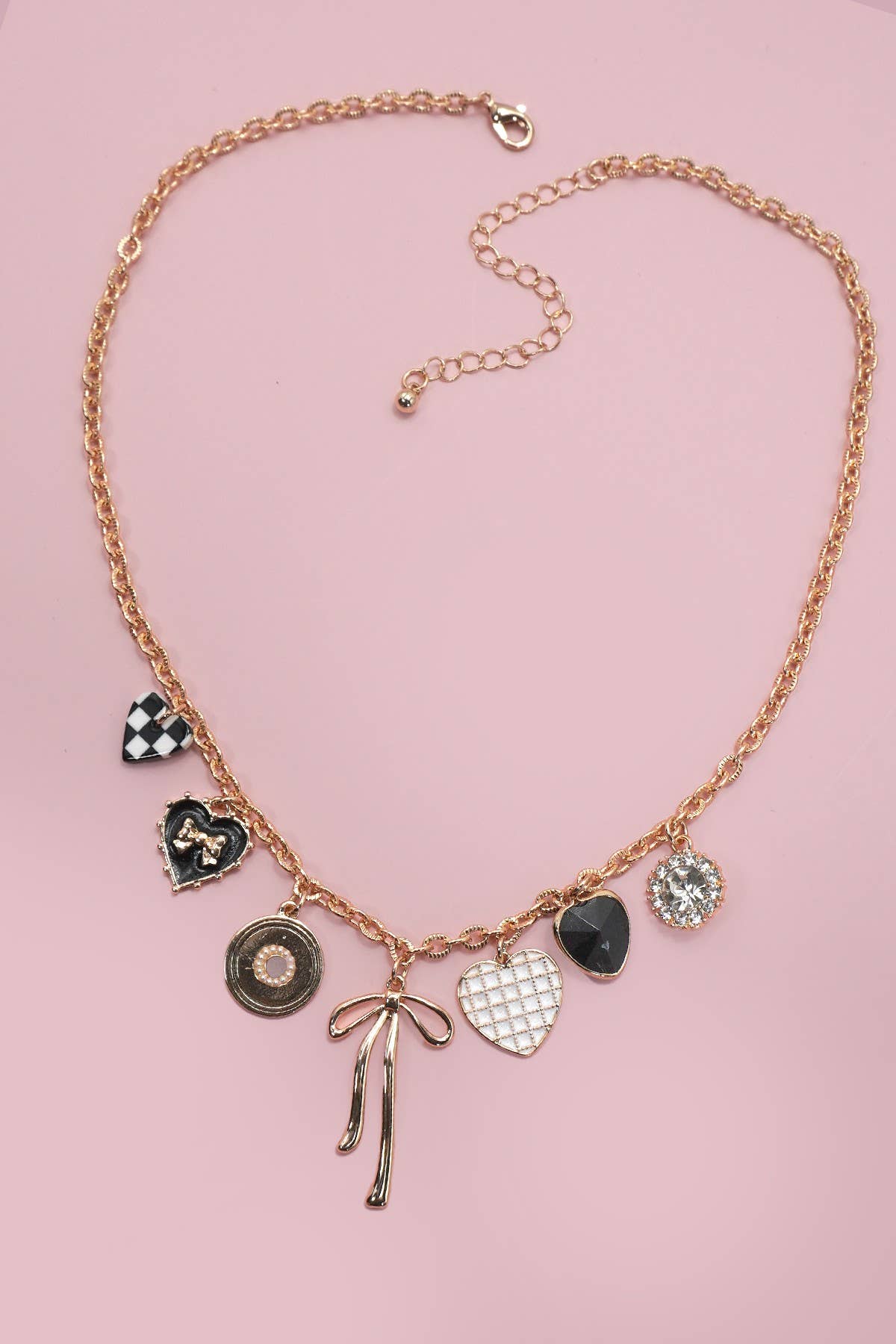 CHARM NECKLACE-BOW CHECKER HEART RHINESTONE |