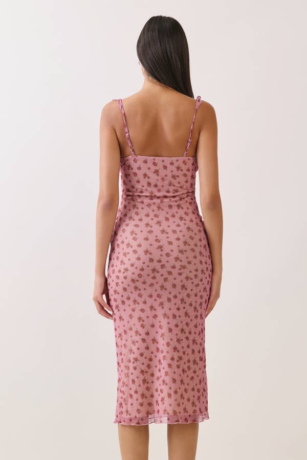TIE FRONT MESH MIDI DRESS WITH RUFFLES