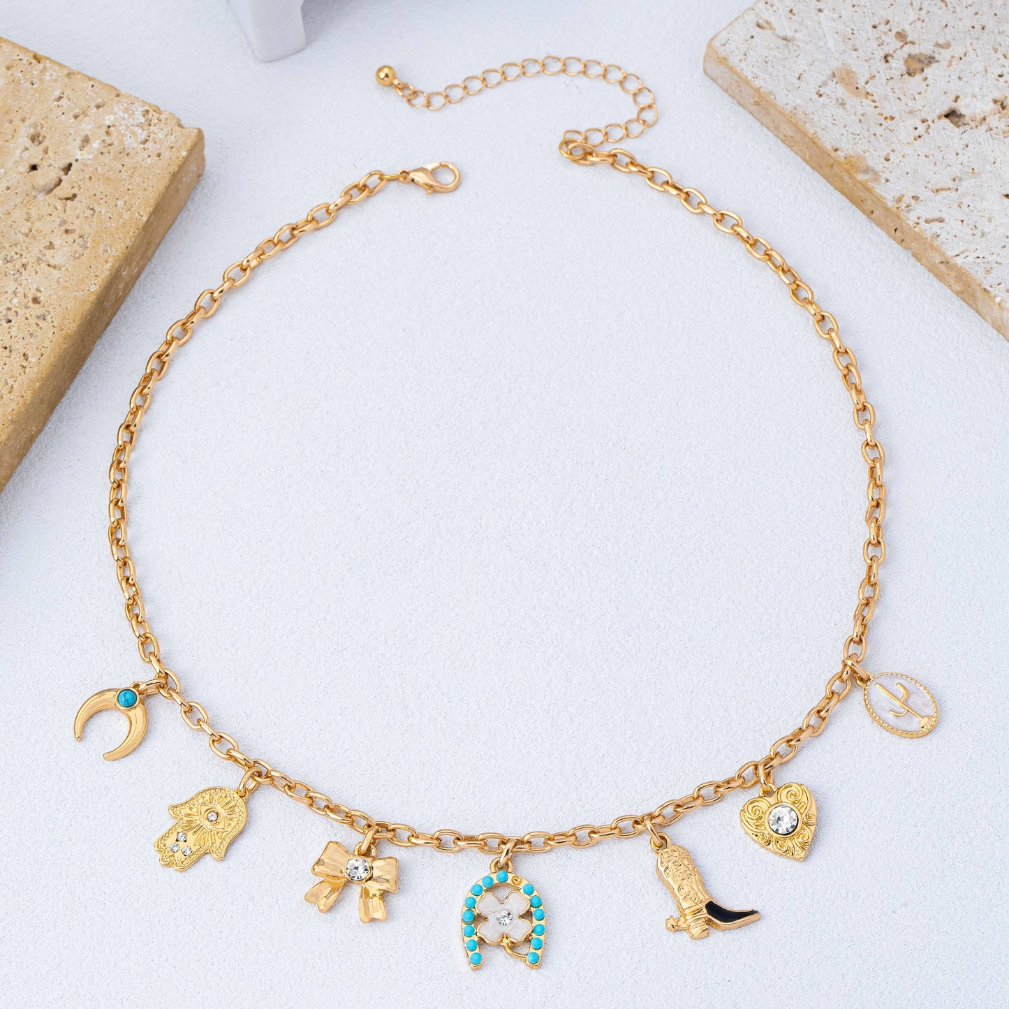Western Turquoise Horseshoe Bow Boot Charm Necklace