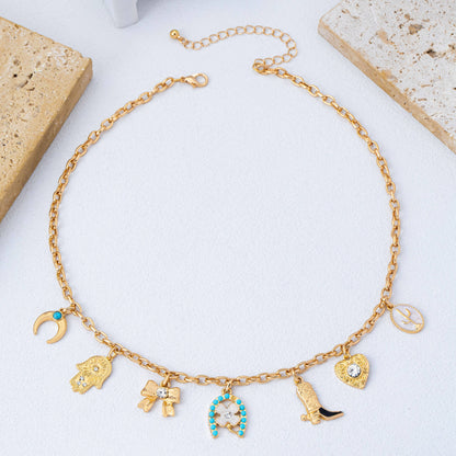 Western Turquoise Horseshoe Bow Boot Charm Necklace