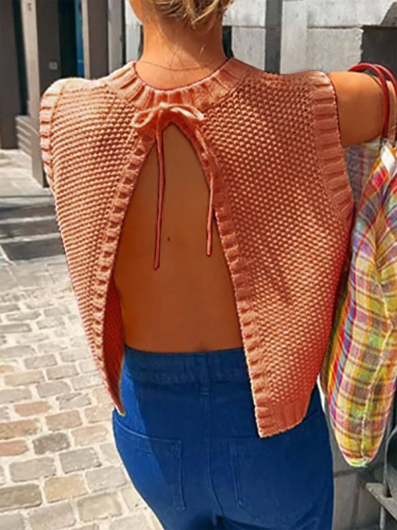 Women Crew Neck Backless Knit Pullover Sleeveless Top